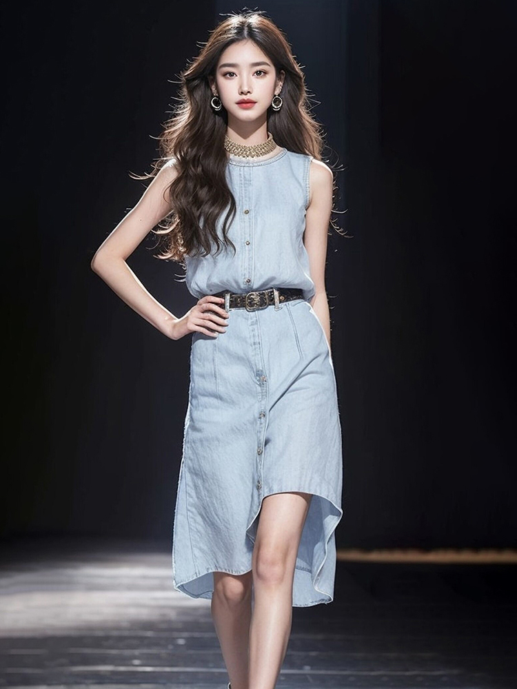 캐치 부서 데이트 치마 작은 키 고급 절묘한 차 휴식 프랑스식 품격 작은 샤넬 스타일 파란색 부드러운 데님 드레스 여름