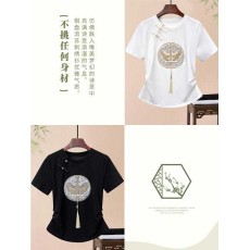 批发黑色新中式<b class='q'>中国风</b>刺绣t恤女2024新款夏季高级感短袖洋气盘扣上衣