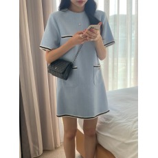 批发有货！韩国ins 小香风甜美气质圆领短袖直筒显瘦连衣裙