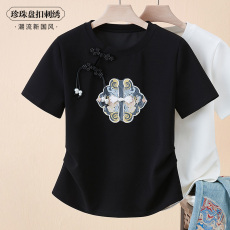 批发新中式国风盘扣短袖t恤女2024新款夏季洋气减龄潮流收腰黑色上衣