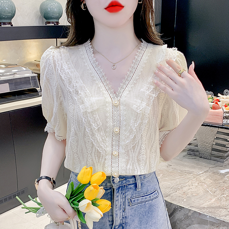 MY4712# 夏季t恤短袖蕾丝雪纺衫夏装女新款精美设计感小众上衣短款女裝貨源服裝批發