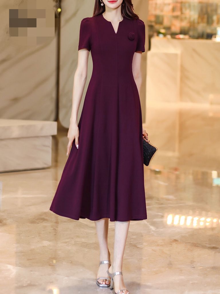 PF13480# 2024夏季新款紫红色连衣裙女新款短袖气质收腰显瘦减龄连...