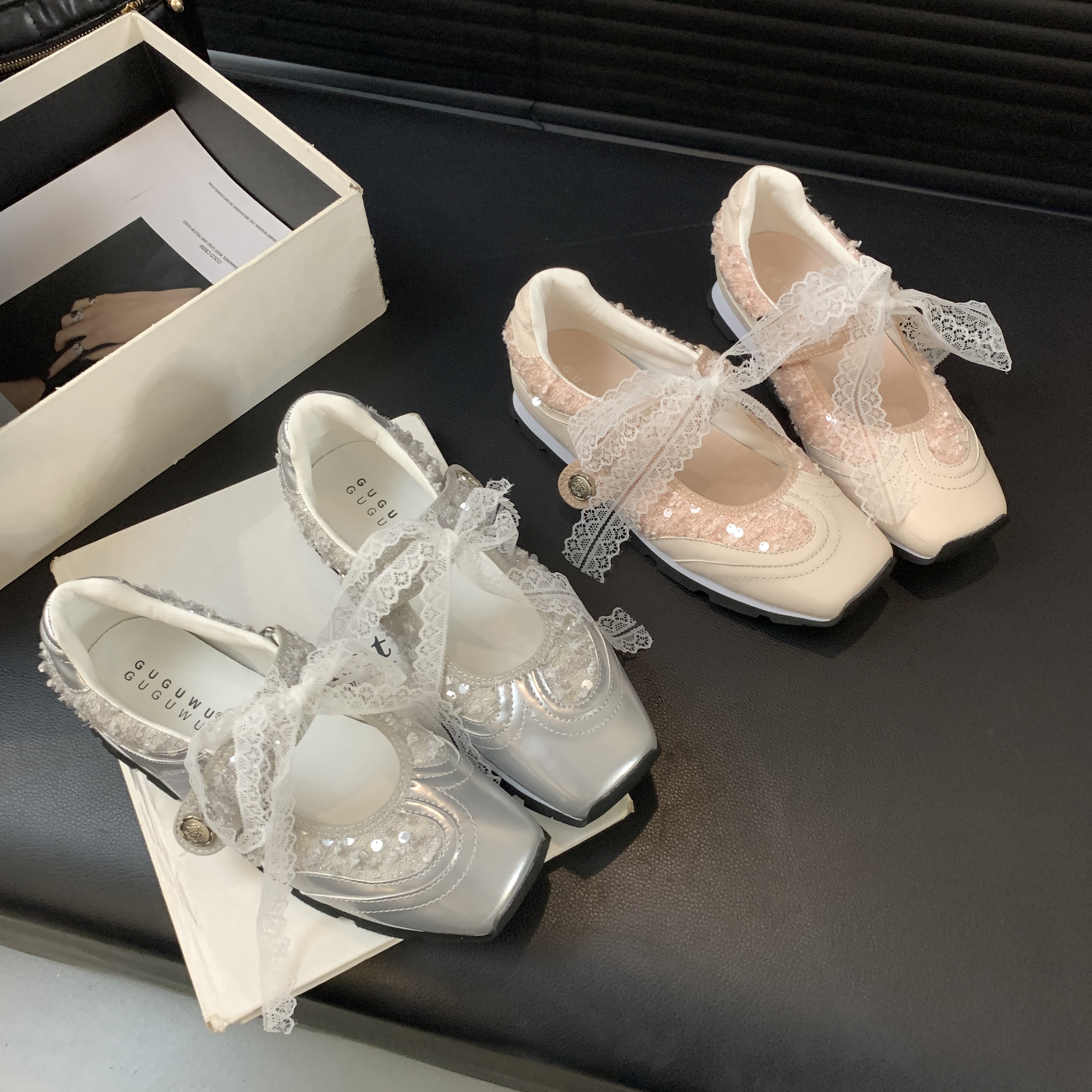 X-31818# 法式玛丽珍女鞋夏季新款浅口银色单鞋方头亮片休闲芭蕾鞋