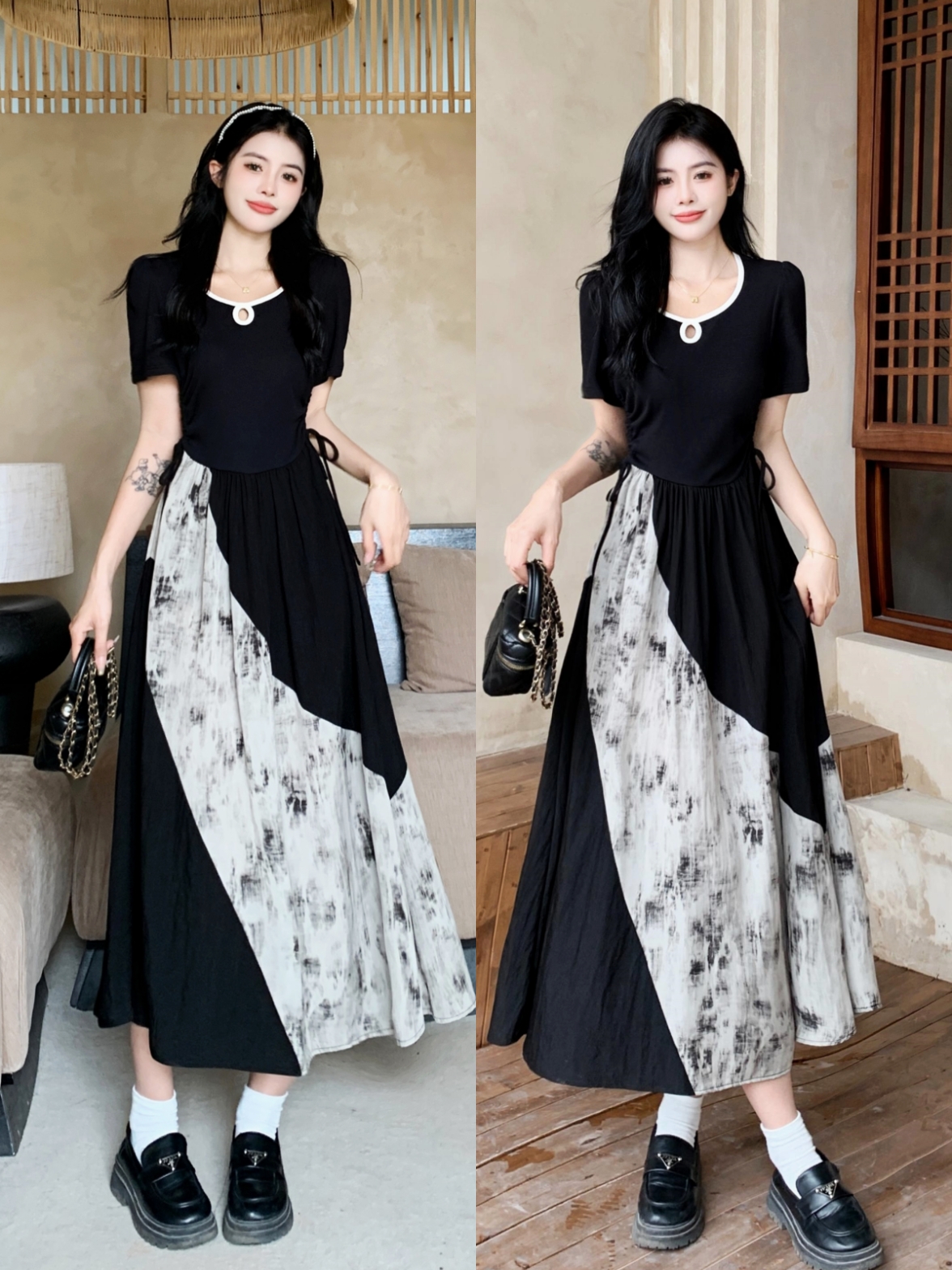 MY3342# 有内里 ~大码A字连衣裙遮肚子显瘦气质撞色风情万种收腰裙女裝貨源服裝批發