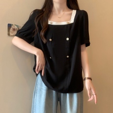 批发实拍~大码女装胖mm遮肚显瘦上衣夏新款法式方领拼色雪纺衬衫潮