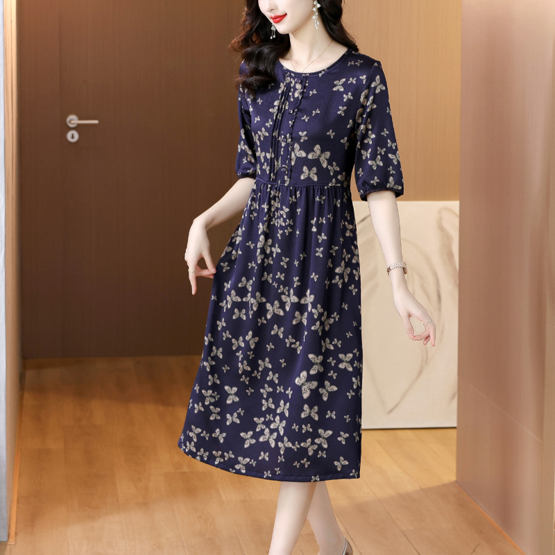 RY2638# 实拍夏季新款透气缎面连衣裙优雅气质显瘦妈妈装