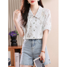 批发实拍 翻领雪纺衬衫2026新款泡泡袖夏女<b class='q'>短袖</b>漂亮小衫