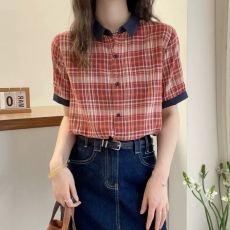 批发红色格子翻领短袖衬衫女<b class='q'>欧洲站</b>夏装2026<b class='q'>新款</b>欧货女装A字娃娃衫潮
