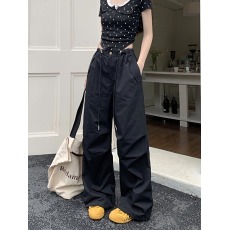 批发实拍美式复古纯色工装裤女夏季高腰设计感宽松阔腿裤设计感拖地裤