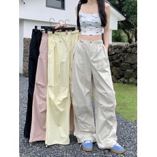 批发实拍美式复古纯色工装裤女夏季高腰设计感宽松阔腿裤设计感拖地裤