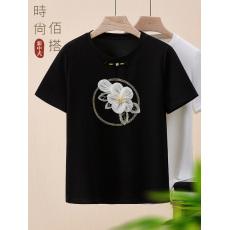 批发设计感显瘦短袖t恤女2024新款潮流爆款复古新中式<b class='q'>中国风</b>盘扣上衣