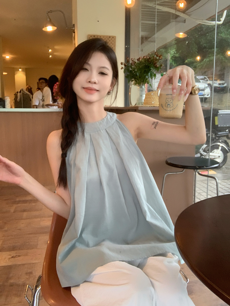 실사 여름 행침 목 캐미솔 달콤함 맨위 루즈핏 캐주얼 와이드 레그 팬츠 투피스 세트