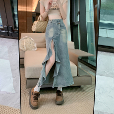 批发实拍实价~复古牛仔<b class='q'>半身裙</b>女夏季高腰显瘦中长款开叉a字包臀鱼尾裙