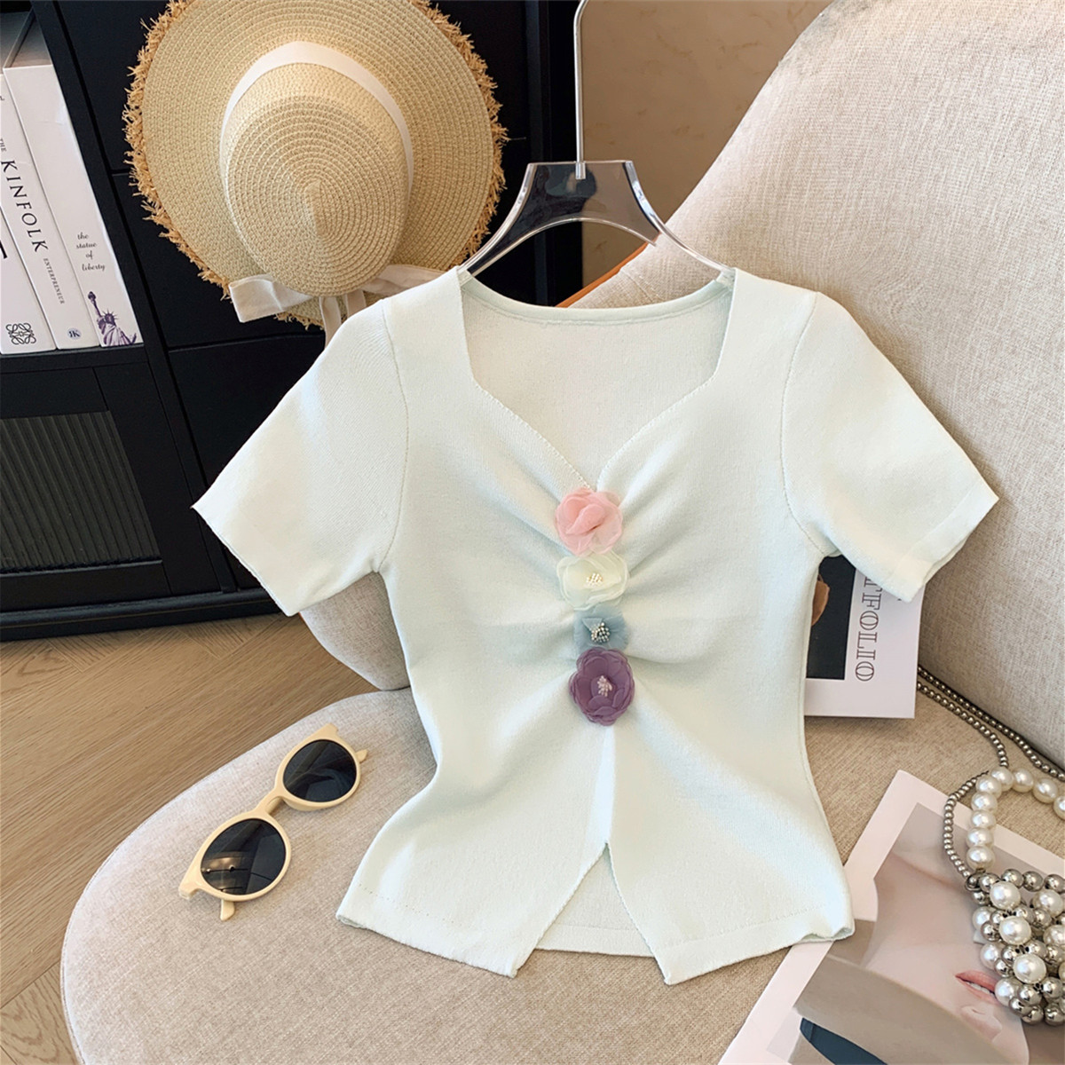 LN38345# 韩系风甜美立体花朵修身褶皱短袖T恤上衣女夏季 服裝批發女裝批發服飾貨源