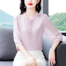 批发真丝衬衣女装桑蚕丝上衣<b class='q'>夏季</b>新款妈妈气质雪纺衬衫七分袖刺绣小衫