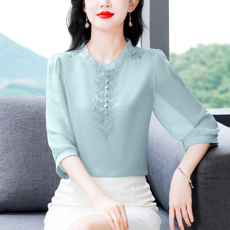 PF19829# 真丝衬衣女装桑蚕丝上衣夏季新款妈妈气质雪纺衬衫七分袖刺绣小衫女裝貨源服裝批發