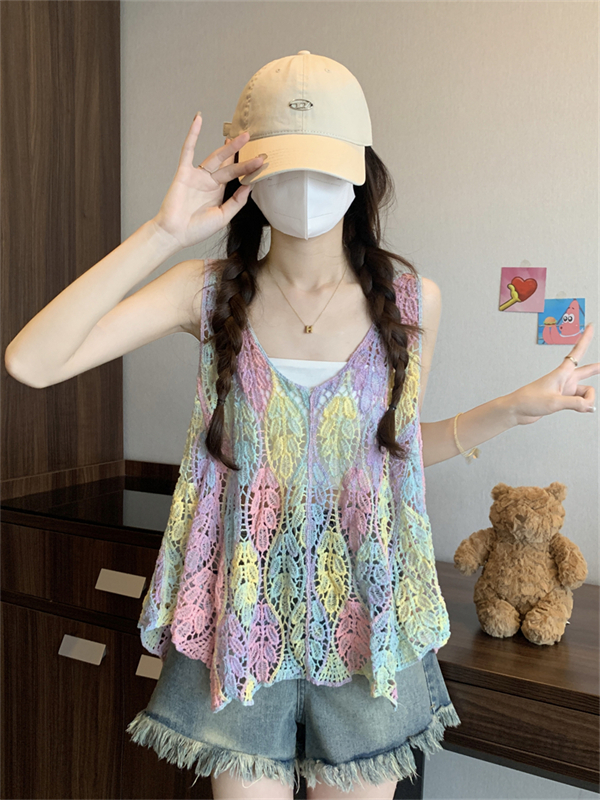 LN36281# 夏季新款复古镂空彩色渐变设计感无袖背心马甲罩衫上衣 服裝批發女裝批發服飾貨源