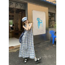 批发实拍~实价~韩版复古格纹百搭连衣裙女