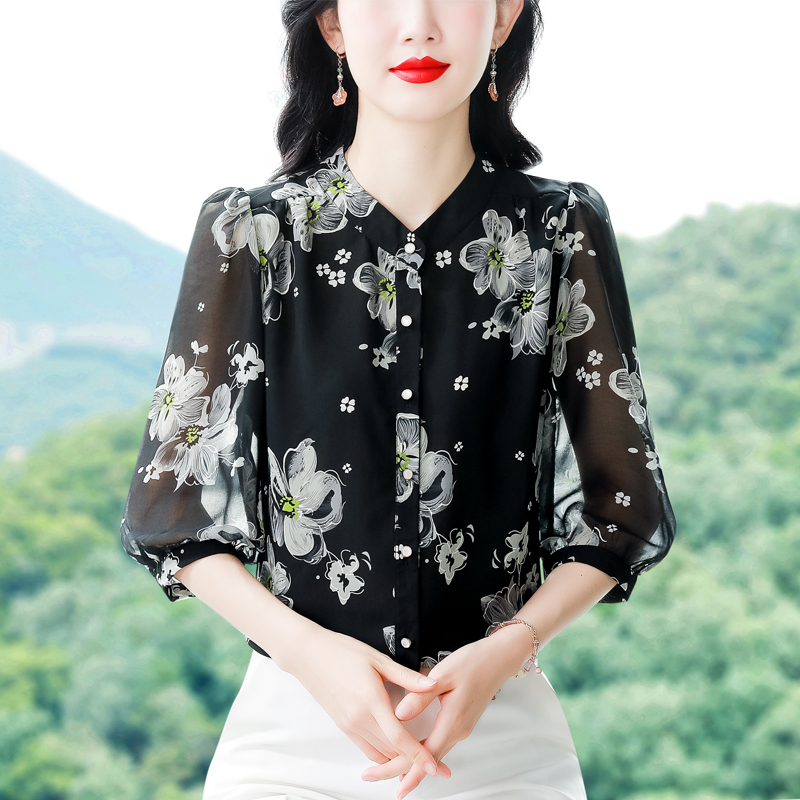 실사 2026 여름 신제품 더블 크레이프 실크 프린트 쉬폰 슬림해 보이는 7부 소매 여성 맨위