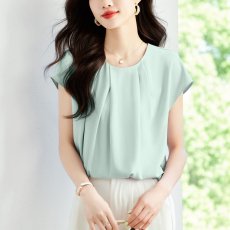 批发实拍2026夏季简约圆领<b class='q'>不规则</b>压褶垂坠真丝时尚纯色气质女士短袖