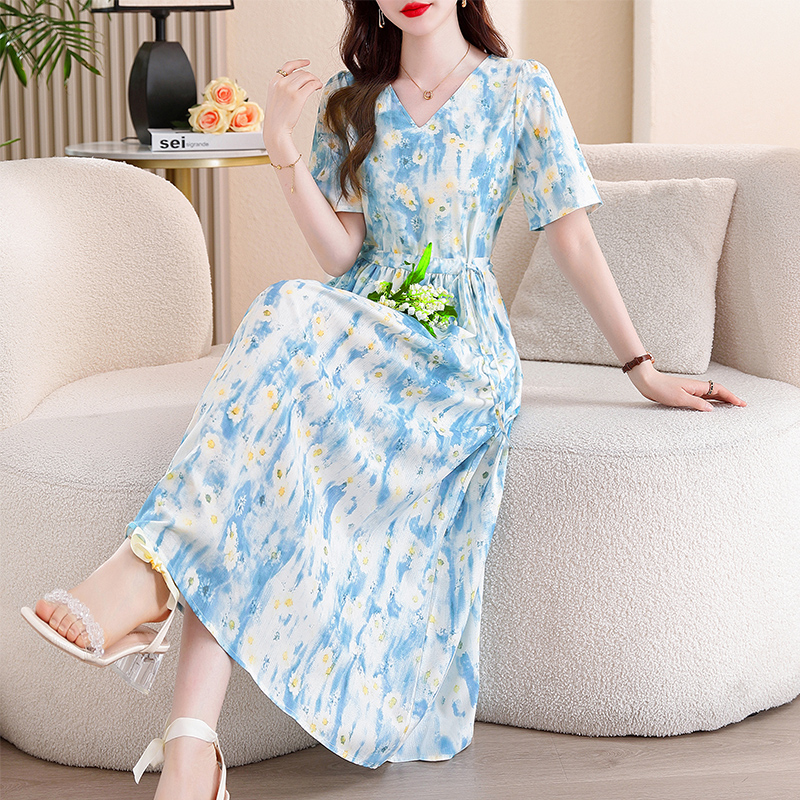 RY2717# 实拍夏季雪纺印花减龄v领花边系带收腰显瘦高档短袖口袋连衣裙
