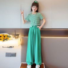批发<b class='q'>女童</b><b class='q'>套装</b>2026夏装新款洋气时髦童装网红条纹<b class='q'>短袖</b>中大童休闲两件套