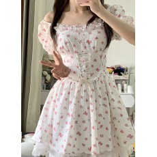 批发日系方领高腰蕾丝花边蝴蝶结绑带收腰碎花<b class='q'>连衣裙</b>女2026夏季新款裙