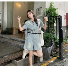 批发送皮带~2026夏季新款POLO领短袖设计感连体裤女复古收腰牛仔短裤