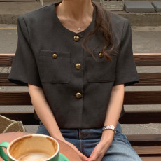 批发实拍 法式复古 小香风短袖<b class='q'>外套</b>单排扣多口袋短款上衣西装