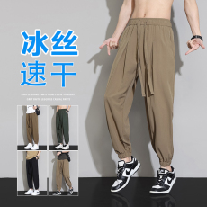批发冰丝休闲裤男2024新款夏季薄款透气宽松束脚九分裤男士潮牌小脚裤
