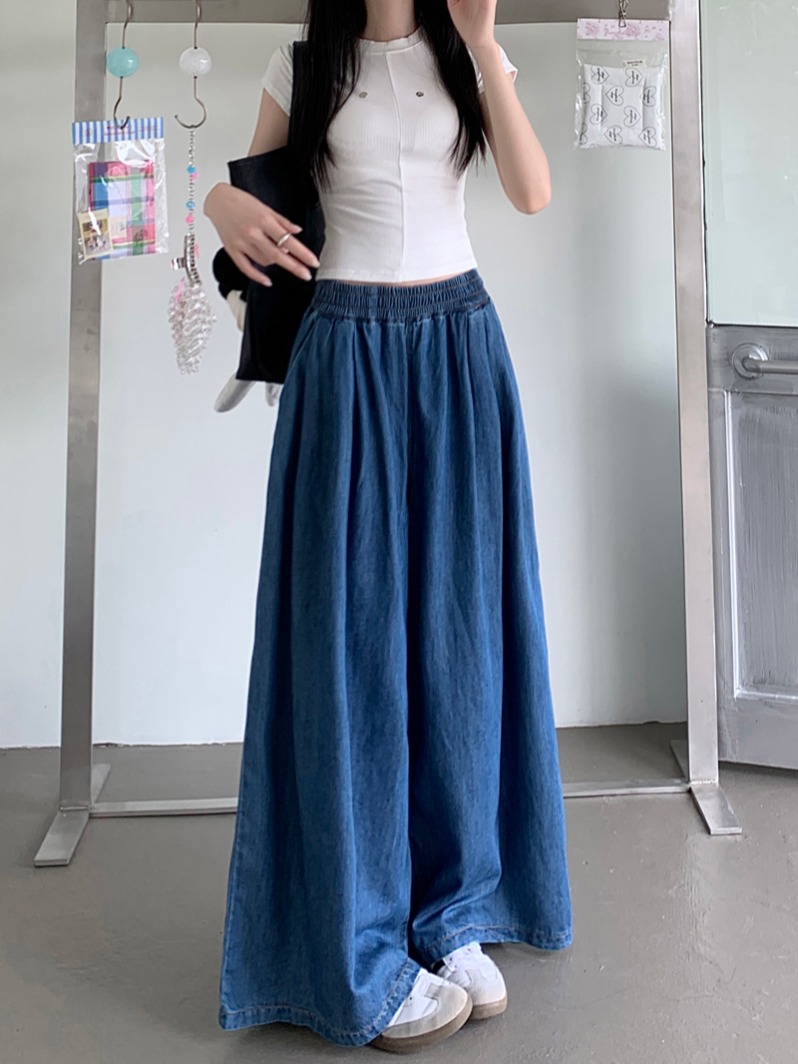 MY644#新款松紧腰牛仔长裤女设计感复古水洗大阔脚拖地裤子女裝貨源服裝批發