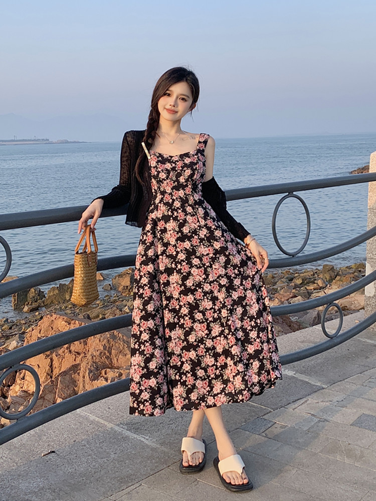 실사 빅 사이즈 여성 의류 지방 mm 달콤함 품격 민소매 다용도 꽃무늬 슬립 드레스 자외선 차단 오픈 가디건 슬림해 보이는 투피스 세트