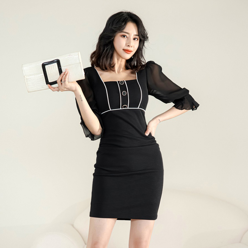 PF15384# 2024韩版新款方领抹胸拼色薄纱五分袖包臀显瘦连衣裙