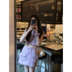 批发实拍实价 <b class='q'>名媛</b>女紫色小香风亮片毛边上衣半身裙<b class='q'>套装</b>显瘦