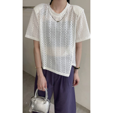 批发好品质韩版垫肩项链装饰不规则镂空<b class='q'>短袖</b>t恤女2024夏季小众ins