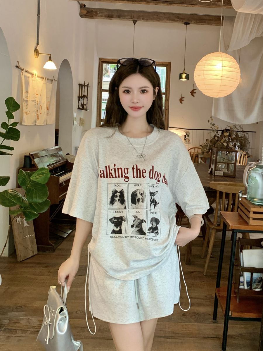RY6631# 实拍 大码小狗字母印花圆领抽绳短袖T恤慵懒显瘦套装女半裙两...