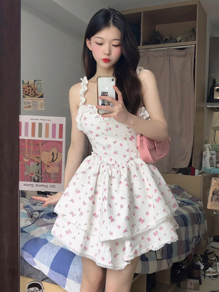 화이트 꽃무늬 슬립 여성 드레스 여름 핫걸 섹시함 순수한 욕망 바람 허리 수축 슬림해 보이는 퍼프 스커트 달콤한 매운맛 바람 치마