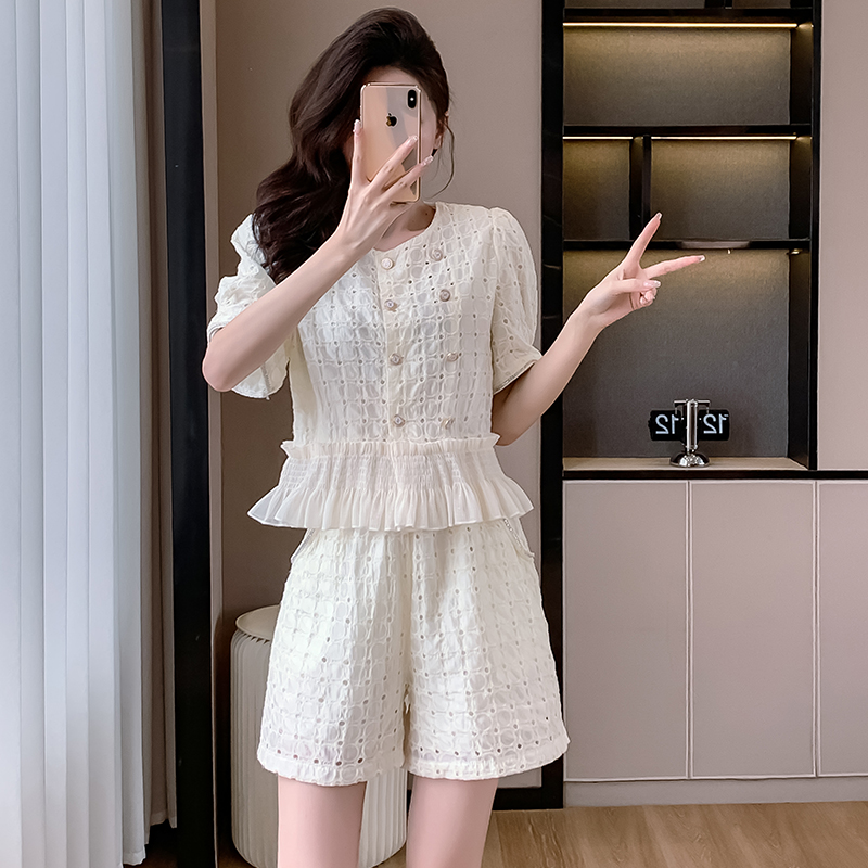 LN39625# 小香风蕾丝短裤套装新款夏装搭配一整套时尚韩系减龄洋气气质 服裝批發女裝批發服飾貨源