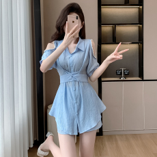 批发实拍2026露肩衬衫裙短<b class='q'>裤</b>套装时尚洋气减龄显瘦两件套<b class='q'>连衣</b>裙小个子