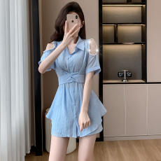 批发实拍2026露肩衬衫裙短裤套<b class='q'>装</b>时尚洋气减龄显瘦两件套<b class='q'>连衣</b>裙小个子