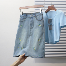 批发实拍夏款薄款大码弹力松紧腰五分牛仔裙胖MM刺绣显收中长款A字裙