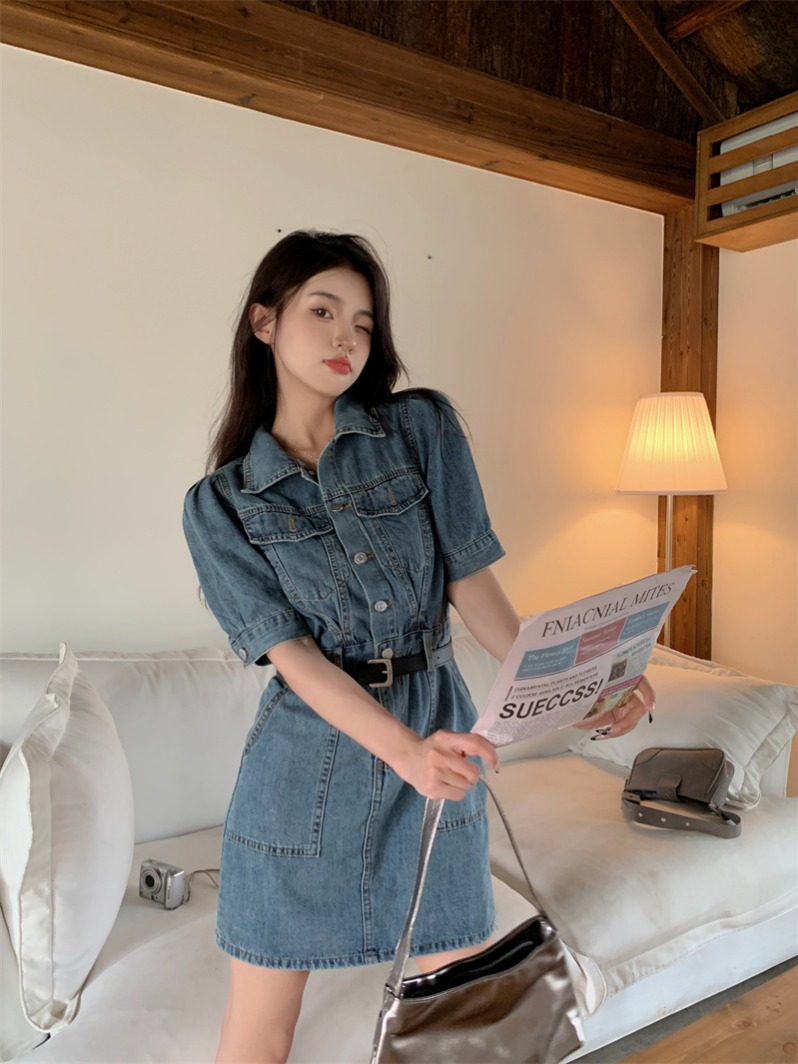 실사 데님 스커트 원피스 치마 여성 드레스 여름 프랑스식 레트로 롱 스커트 polo 치마 작은 키 셔츠 드레스
