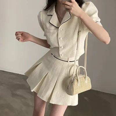 韩国chic 小香风短外套+高腰半身裙 粗花呢套装
