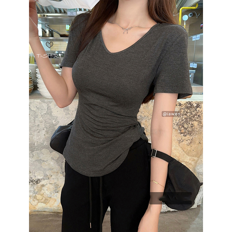 Already shipped Korean pure lust style slim shoulder V-neck short-sleeved T-shirt new irregular waist slimming top