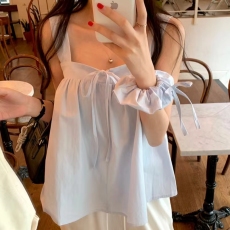 批发原版  方领系带无袖短款吊带背心衬衫配发圈两件套