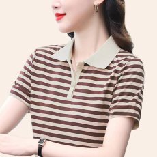 批发纯棉翻领条纹短袖t恤女2024新款夏季宽松体恤显瘦百搭上衣polo衫
