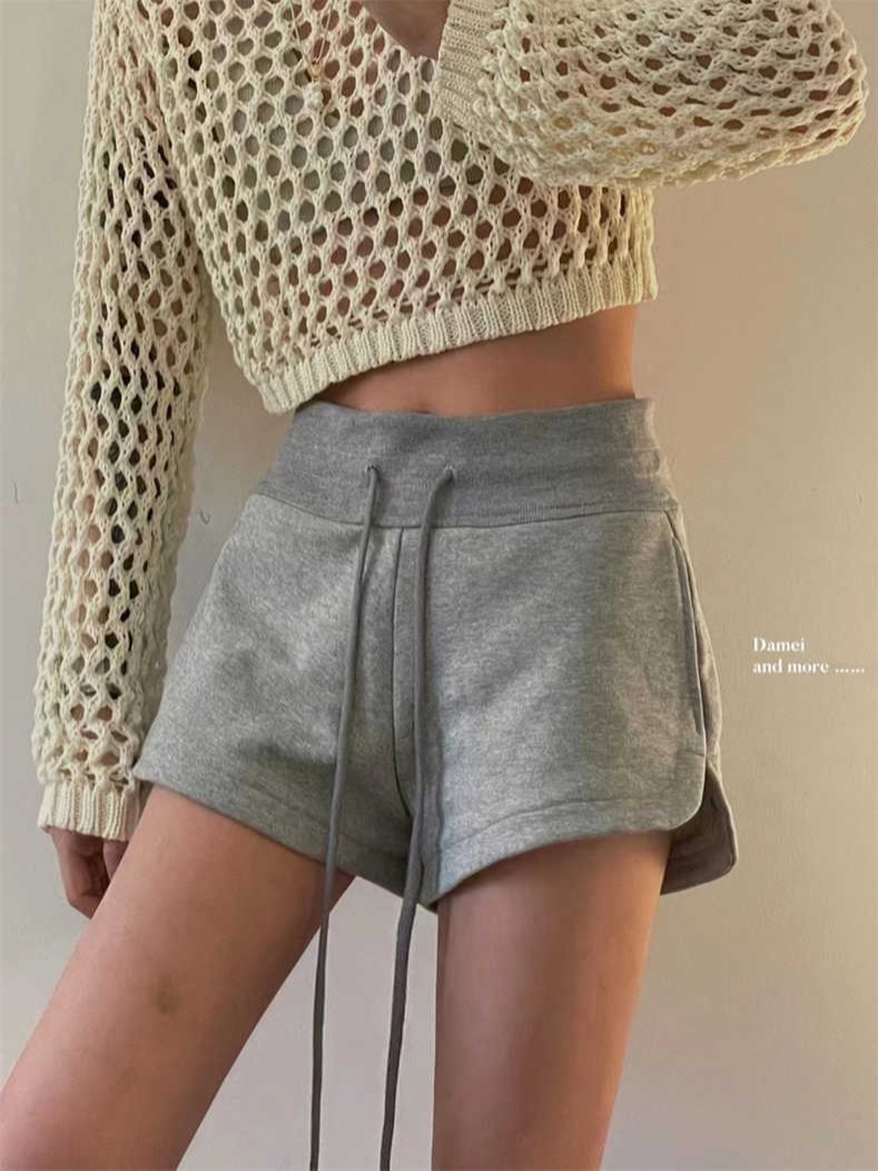 American gray high-waist casual shorts for women summer thin loose sports slimming wide-leg pants hot pants trendy ins