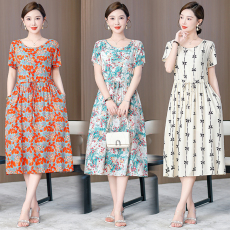 批发2024新款夏季棉绸<b class='q'>连衣裙</b>女<b class='q'>人造棉</b>绵绸印花收腰显瘦旅游沙滩长裙子