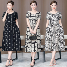 批发2024新款夏季棉绸<b class='q'>连衣裙</b>女<b class='q'>人造棉</b>绵绸印花收腰显瘦旅游沙滩长裙子