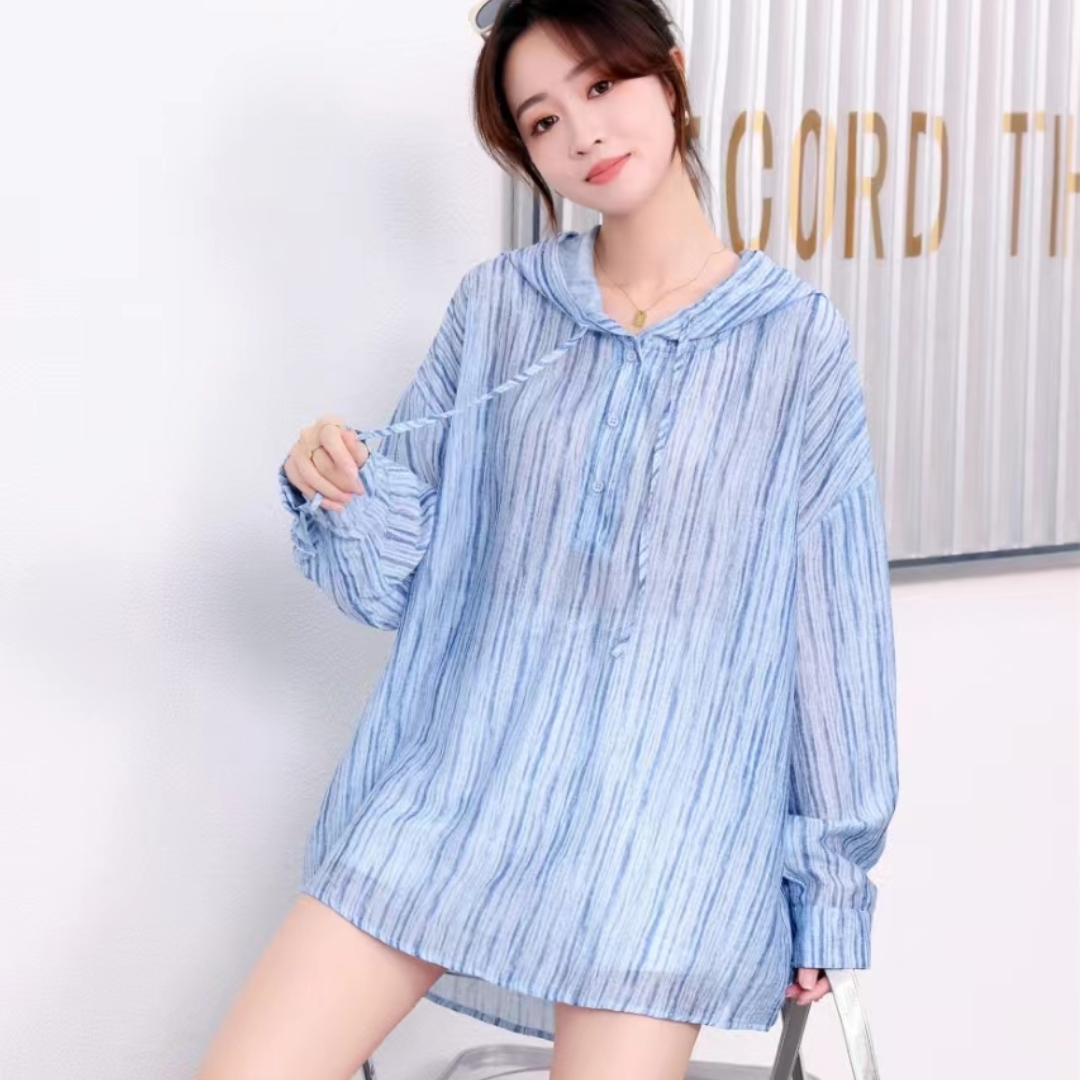 실사 한국 스타일 여름 후드 풀오버 스트라이프 자외선 차단 의류 여성 주름 루즈핏 디자인 센스 셔츠 여성 셔츠 셔츠